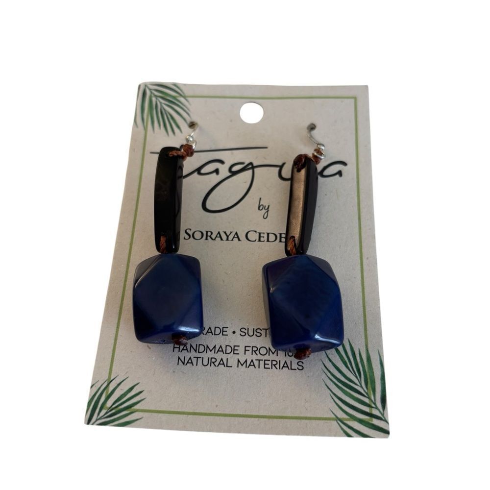 Dark Blue & Black Tagua Nut Drop Earrings.
